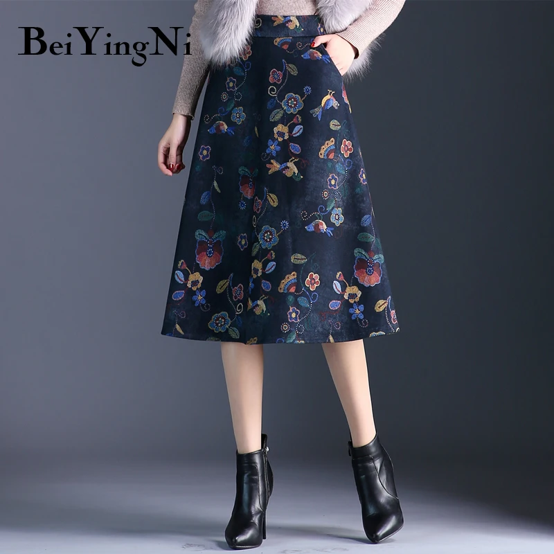 Beiyingni High Waist Skirt Women Plus Size Retro Korean Floral Print Midi Skirts New Arrival S-3XL Elegant Saias Autumn Winter