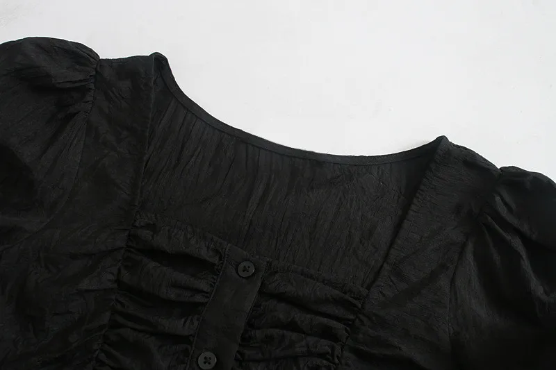 

H.SA 2020 New Square Collar Women Pleated Short Shirt Casual Fashion Lady Long Sleeve Solid Blouse Slim Cute Female Button Tops