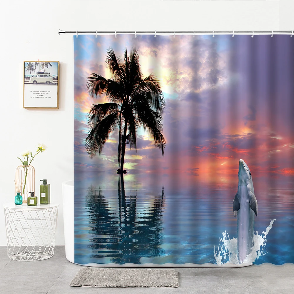 

Sunset Ocean Coconut Palm Dolphin Landscape Shower Curtain Fabric Plant Seaside Beach Bath Decor Curtains 3D Bathroom Supplies