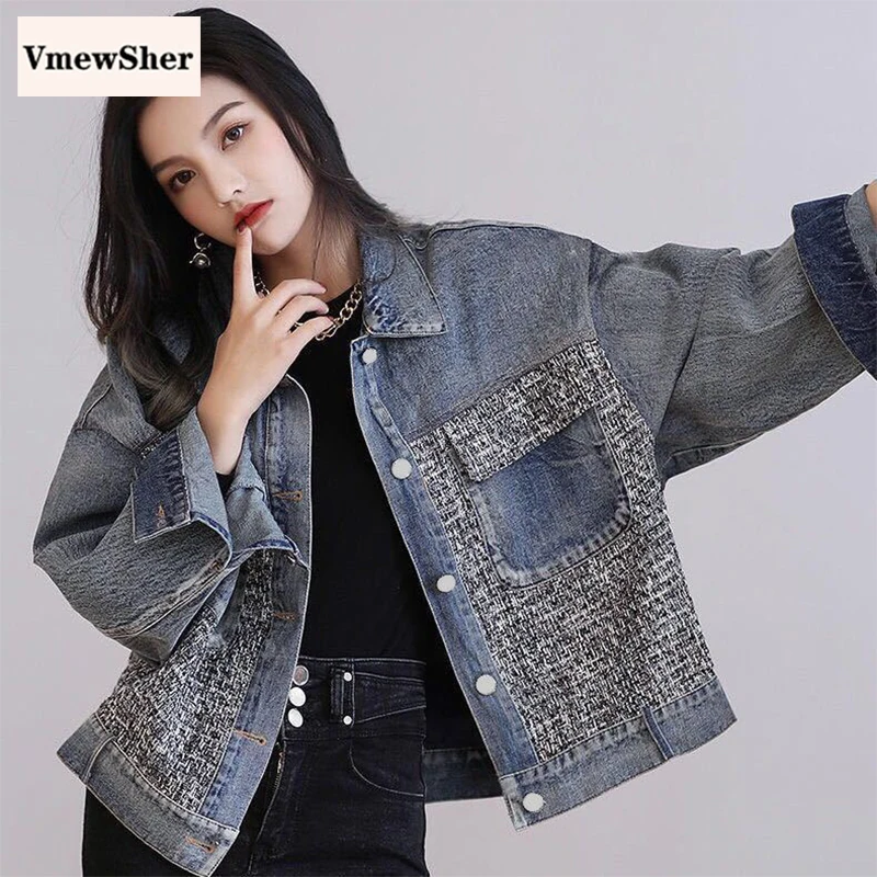 

Модная Джинсовая куртка VmewSher для женщин, облегающее осеннее блестящее джинсовое пальто с люрексом и карманами, уличная одежда в стиле пэчворк, пальто, куртки