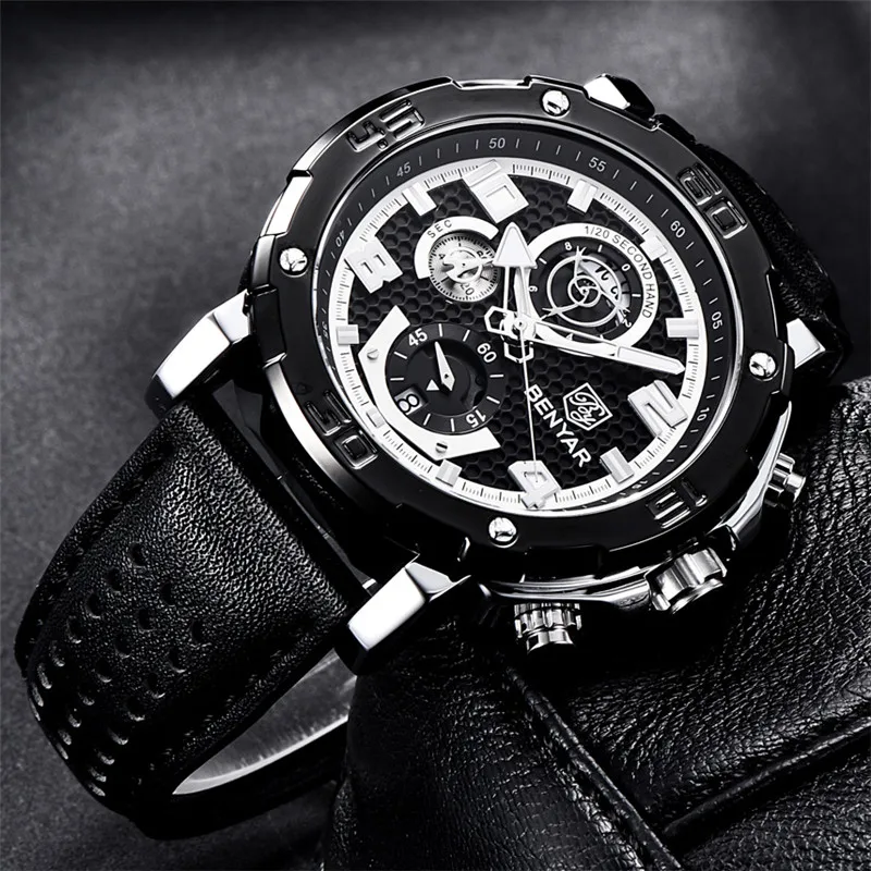 Часы-хронограф мужские водонепроницаемые из натуральной кожи | Наручные часы