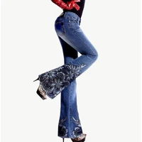 luxury spring beading embroidered mid waist big flared jeans female boot cut embroidery lace bell bottom jeans denim trousers