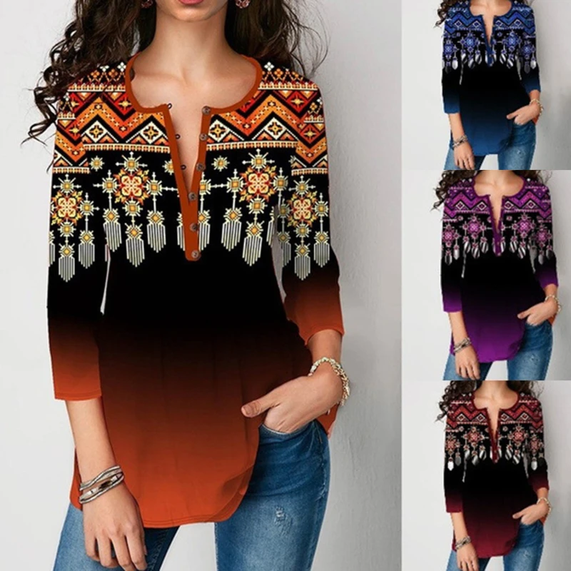 

New Elegant V-Neck Tops Women 2021 Casual 3/4 Sleeve Print Blouse Shirt Autumn Loose Streetwear Pullover Blusa