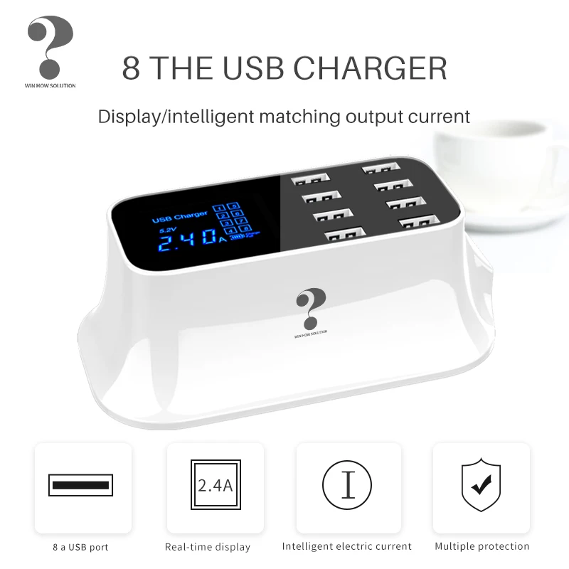 

8USB Port Chargers EU UK US Plug Charge With Cord Fast Charger LCD Screen 8 USB Multi Charging Station Chargers For Phones