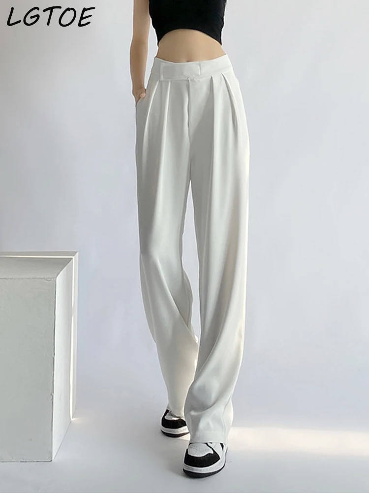 Pantalones informales de pierna ancha y cintura alta para mujer, pantalón holgado de Velcro, de gran tamaño, traje blanco coreano, primavera y verano, 2022