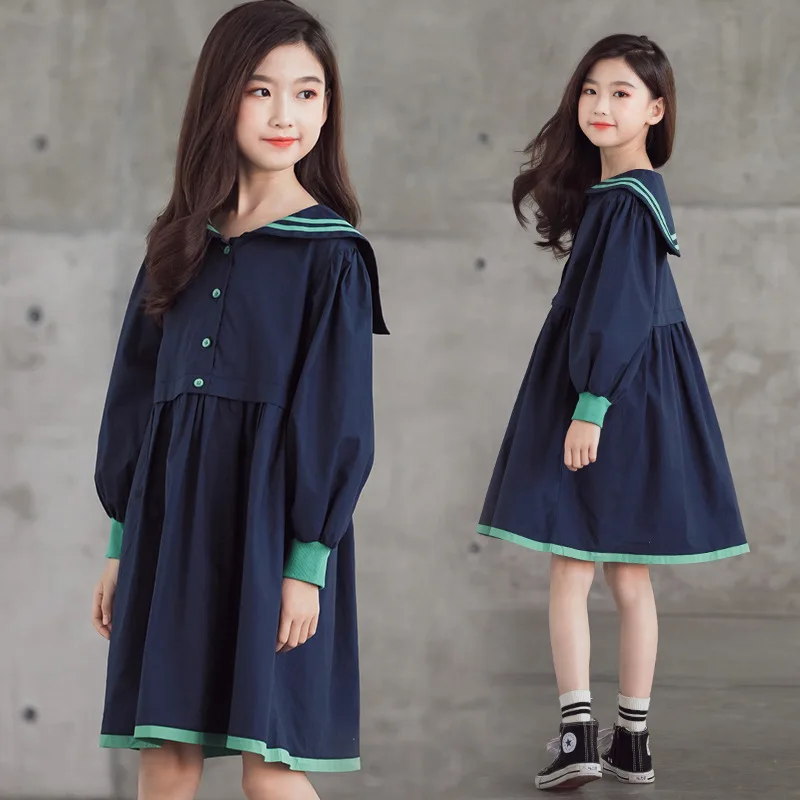 

New 2020 Preppy Style Teenager Girls Autumn Dresses Clothing Children Cotton Sailor Collar Girl Dress Kids Dresses Clothes 4-17Y