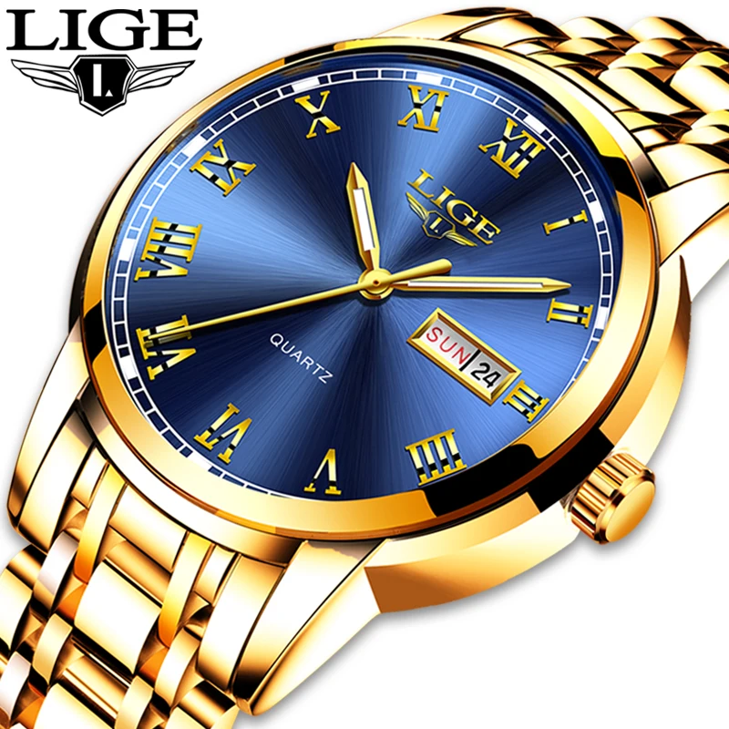 LIGE мужские часы лучший бренд класса люкс полностью Стальные кварцевые деловые