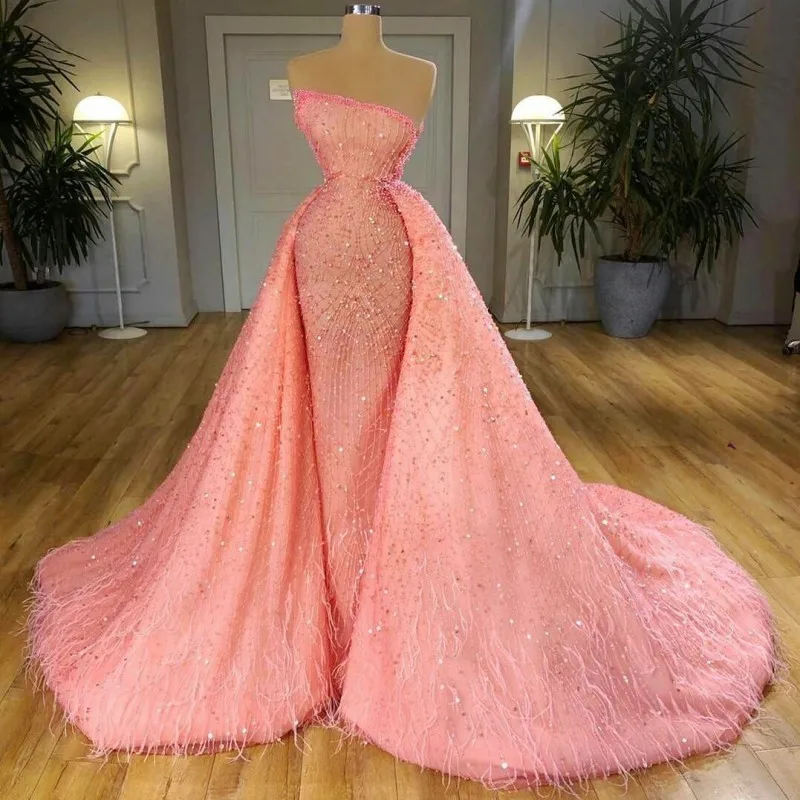 Shiny Pink Prom Dresses with Detachable Train Strapless Feather Sequins Beaded Mermaid Evening Gowns Plus Size Vestidos