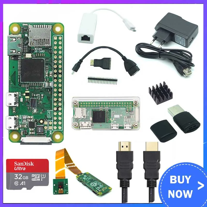 Raspberry Pi Zero W Kit + sd карта 32 ГБ теплоотвод HDMI Power Mini GPIO Header акриловый чехол камера