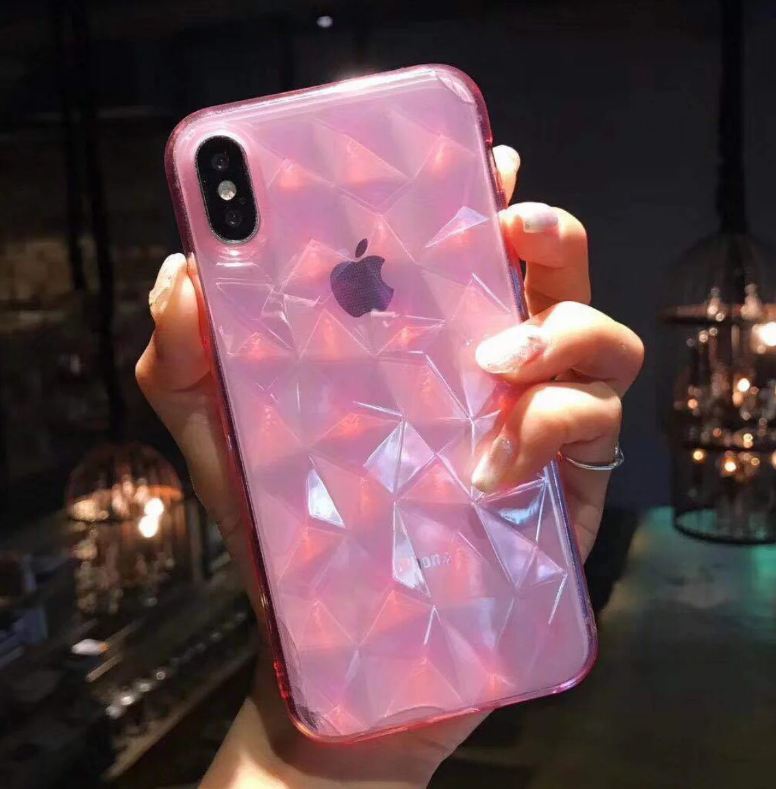 Clear Pink 3D чехол с алмазной текстурой для iPhone 6, 6s, 7, 8 Plus, X, мягкий чехол для телефона для iPhone 7, прозрачный чехол Ультратонкий чехол - Цвет: Clear Pink