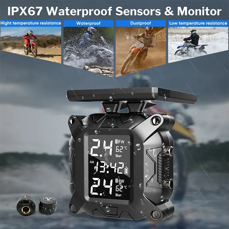 

Newest Motorcycle TPMS Moto Tire Pressure Monitoring System With External Sensors Solar IP67 Waterproof TMPS M7 High Quality