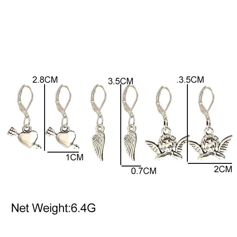 

3Pair/Set Punk Little Angel Butterfly Blade Pistol Drop Earring Sets For Women Silver Color Small Earrings Valentine Jewelry