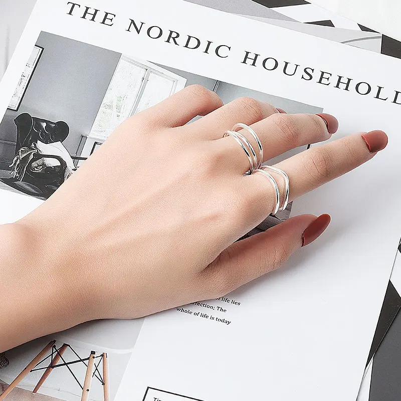 

QMCOCO 925 Sterling Silver New Fashion Double-Layered Curve Silver Color Charm Rings for Women Couples Party Jewelry Gifts