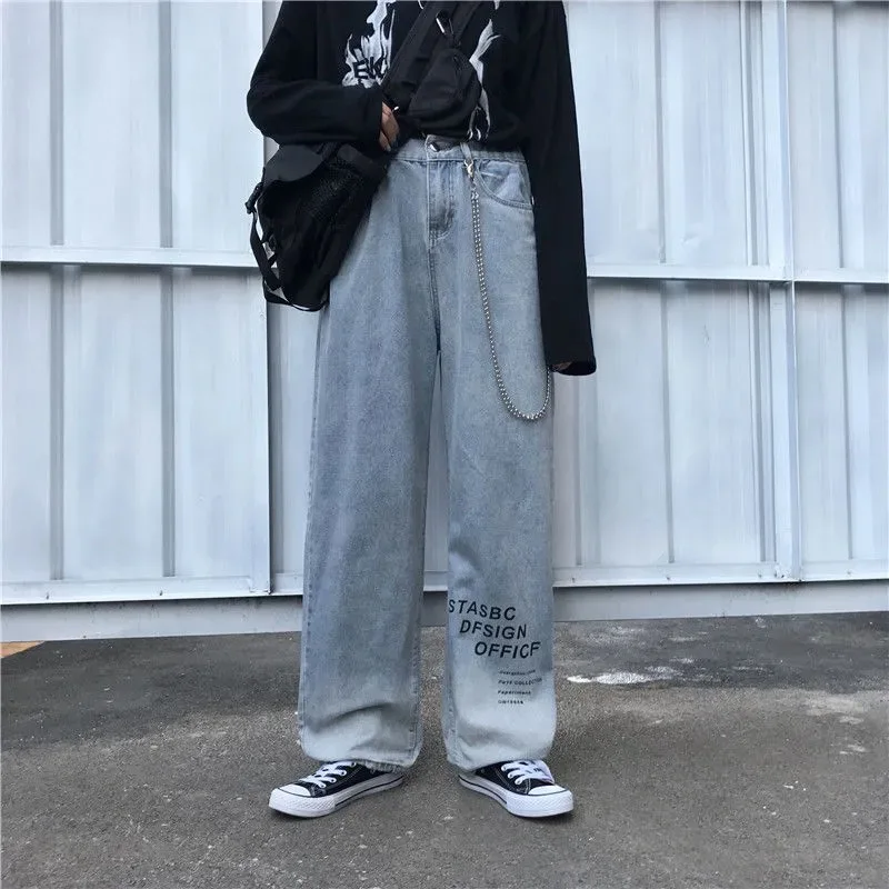 

Women's Jeans Spring and Autumn Print Straight-Leg Pants Loose Wild Couple Trousers