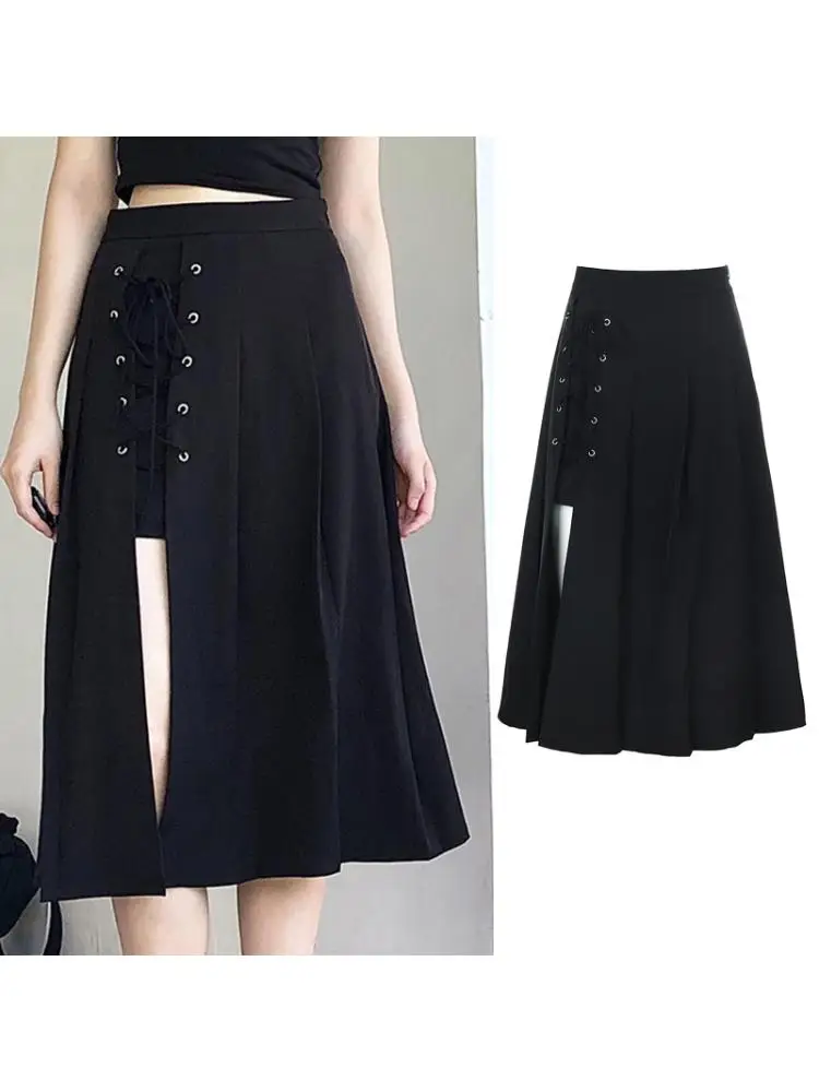 

Women Gothic High Waist Pleated Irregular Side Split Bandage Midi Long Skirt