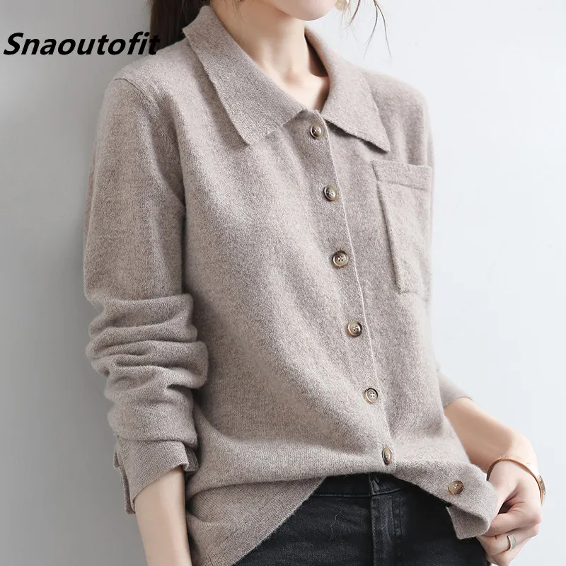 

Snaoutofit; Сезон весна-осень; Новый стиль 100% из чистой шерсти рубашка поло воротник вязаный кардиган для женщин размера плюс свитер свободного к...