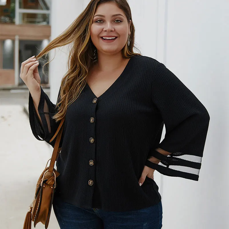 

Plus Size Fashion Women's Knitted Black Mesh Shirt Knitted Sweaters Long Sleeve 2019 Women Sweater