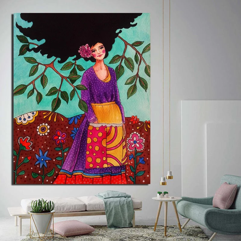 Поп-арт девушка с цветами Картина на холсте принты гостиная украшение для дома