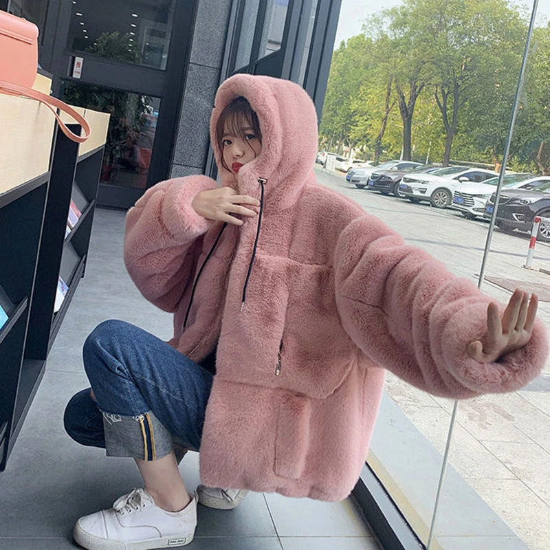 

lush Thick Slim Pink Faux Fur Jacket Fake Rabbit Fur Coats chaqueta mujer 2020 Faux Fur Women Coat With Hood Fashion Zipper P