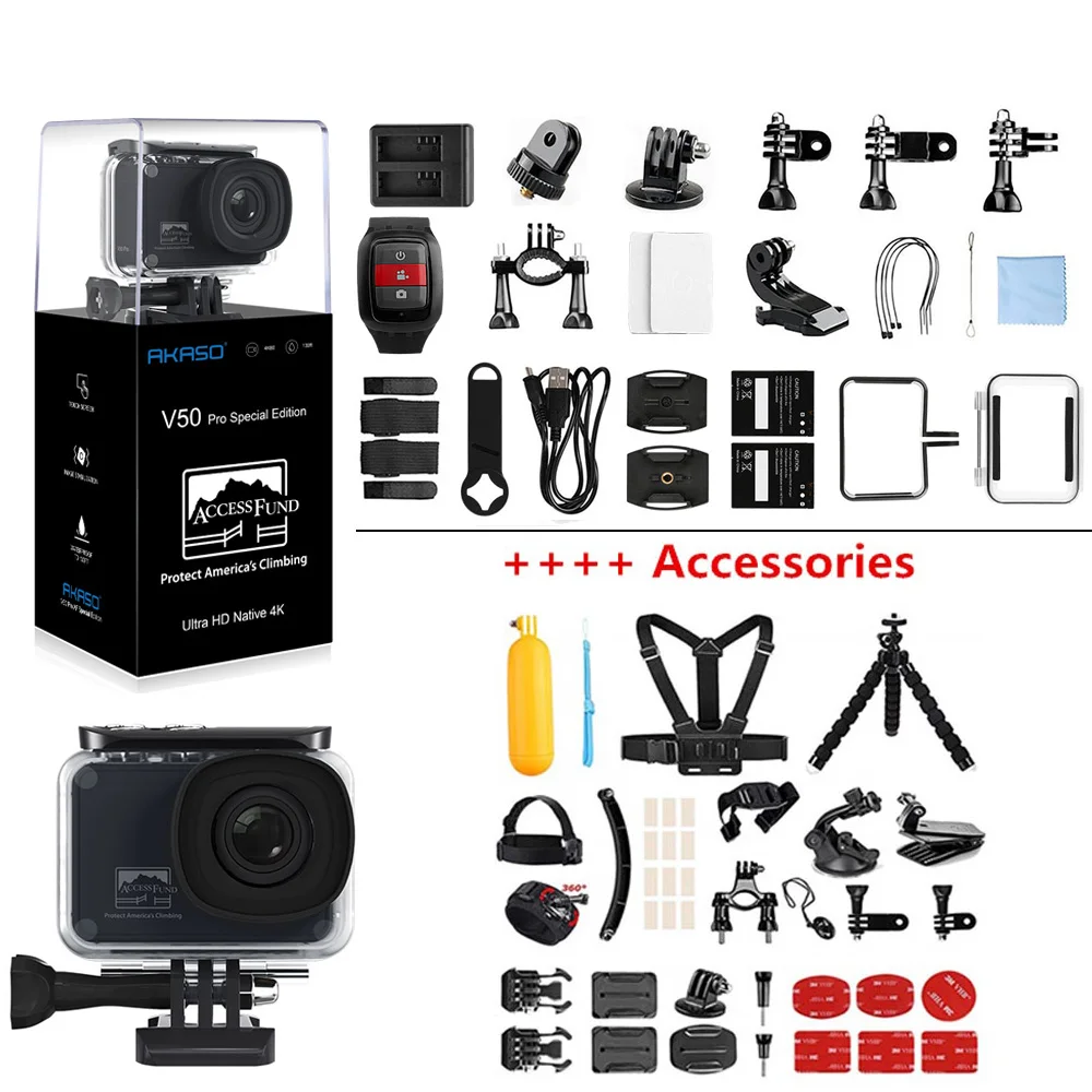 BLACK Accessories AKASO V50 Pro SE, специальный выпуск, Экшн-камера, сенсорный экран, 4 K, водонепроницаемая камера, WiFi, пульт дистанционного управления, Спортивная камера - Color: BLACK Accessories