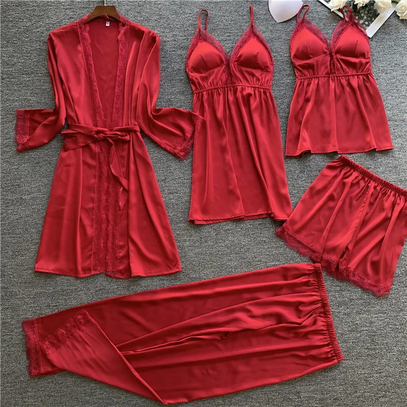 Весенний костюм из 5 предметов женский сексуальный Шелковый Атласный пижамный