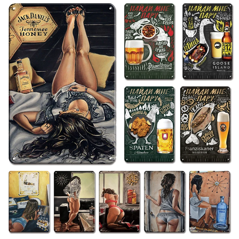 Cartel de cerveza Vintage, cartel de hojalata, placas decorativas de Metal Retro, Tiki Bar, letreros desgastados, Chic, Sexy, Pin Up Girl, pegatina para decoración de pared del hogar