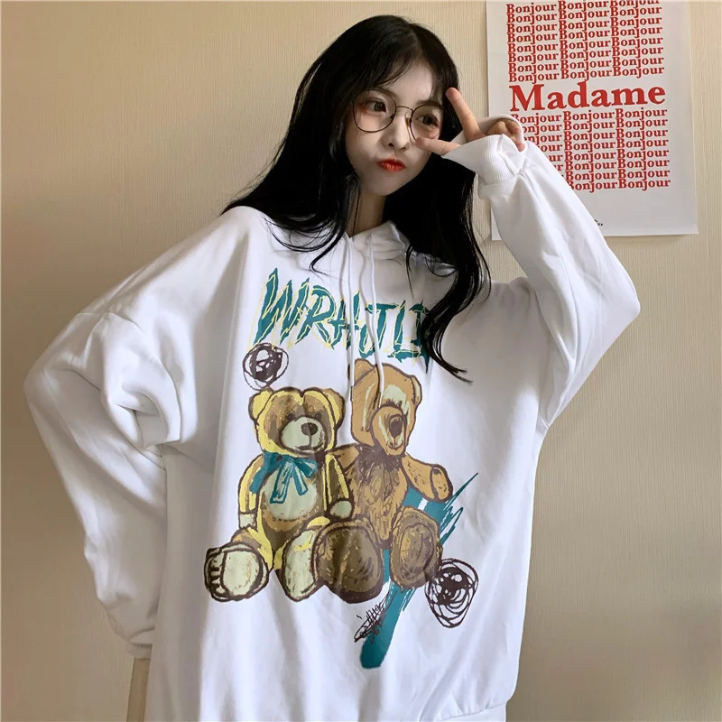 

Осенние толстовки в Корейском стиле, супер популярный Тонкий ретро принт медведя