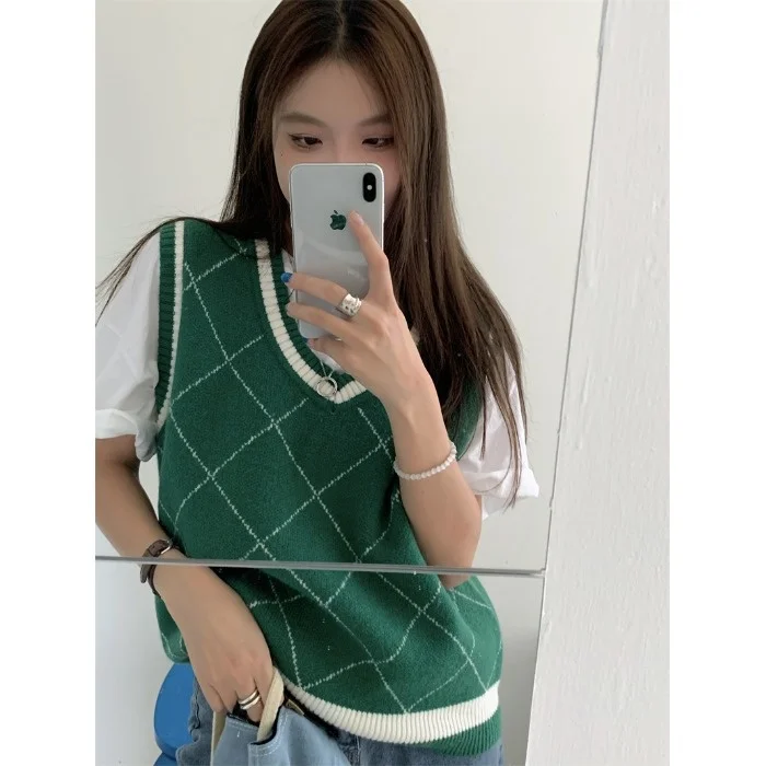 Осень 2021 клетчатый вязаный жилет с V-образным вырезом Женская верхняя одежда в