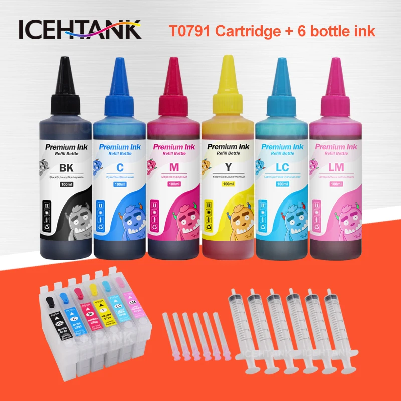 

ICEHTANK T0791 - T0796 Printer Ink Cartridges + 6×100ml Ink Refill kits For Epson Stylus Photo 1400 1500W P50 Artisan 1430 PX650