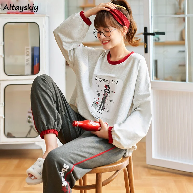 

Pajama Sets Women Printed Long Sleeve Ankle-length Bundle Feet Autumn New Female Homewear Cozy Breathable Baggy Leisure Kawaii