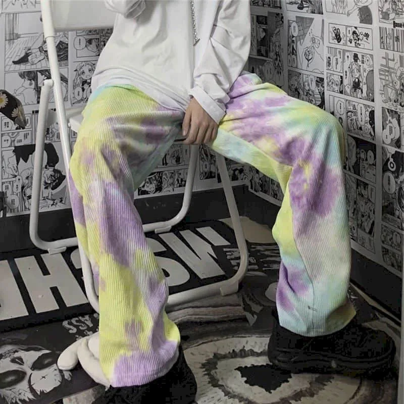 

Corduroy pants female Korean version ins Harajuku style tie-dye straight wide-leg loose high waist casual trousers trend