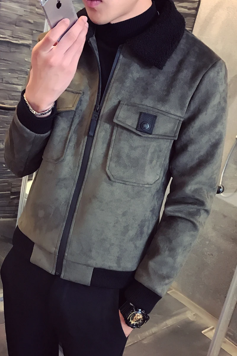 

male firefighter 2014 gamuza ERKEK Khaki thick warm slim fit winter coat