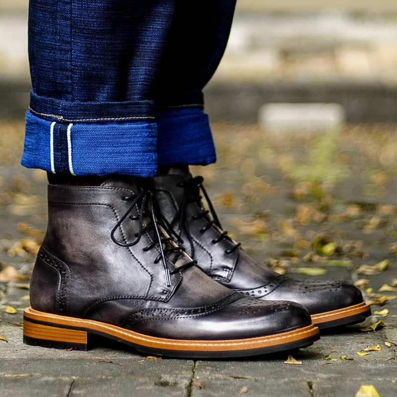Мужские Винтажные ботинки ручной работы на шнурках броги в стиле милитари