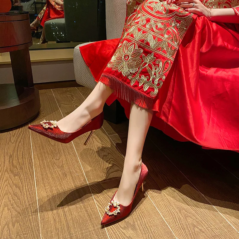 

Ladies Wedding Pumps High Quality Luxury Rhinestone Red Heels for Women Pointed Toe Female Party Office Shoes