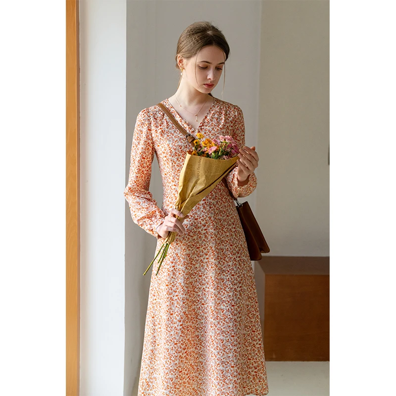 Женское шифоновое платье с длинным рукавом длинное оранжевое или розовое V