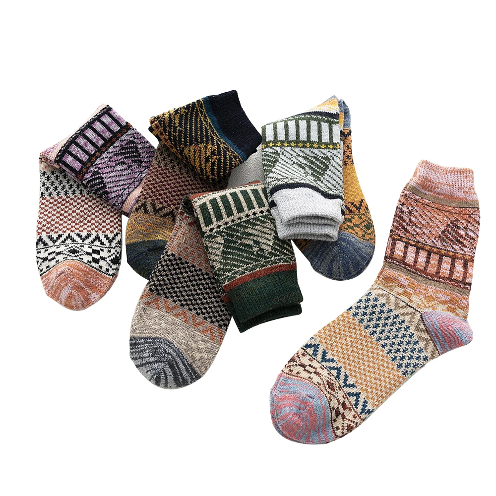 

5 Pairs Ladies Women Autumn Winter Thickened Warmth Wool Stripe Printing Socks