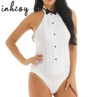 womens wing collar halter button down tuxedo shirt backless bodysuit with bow tie