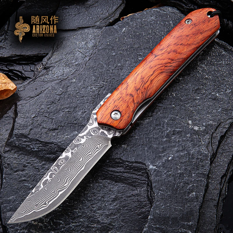 Ветровой нож из дамасской стали бутиковый складной с подшипником острый