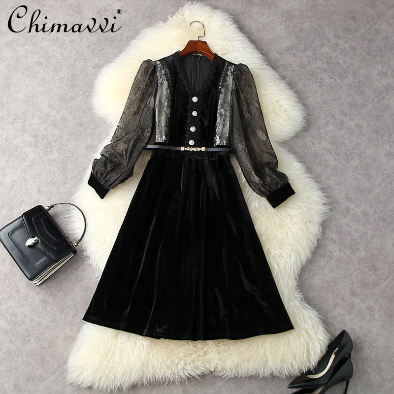 

Женское бархатное платье с кружевом, элегантное приталенное платье с V-образным вырезом, рукавами-фонариками и высокой талией, осень 2021