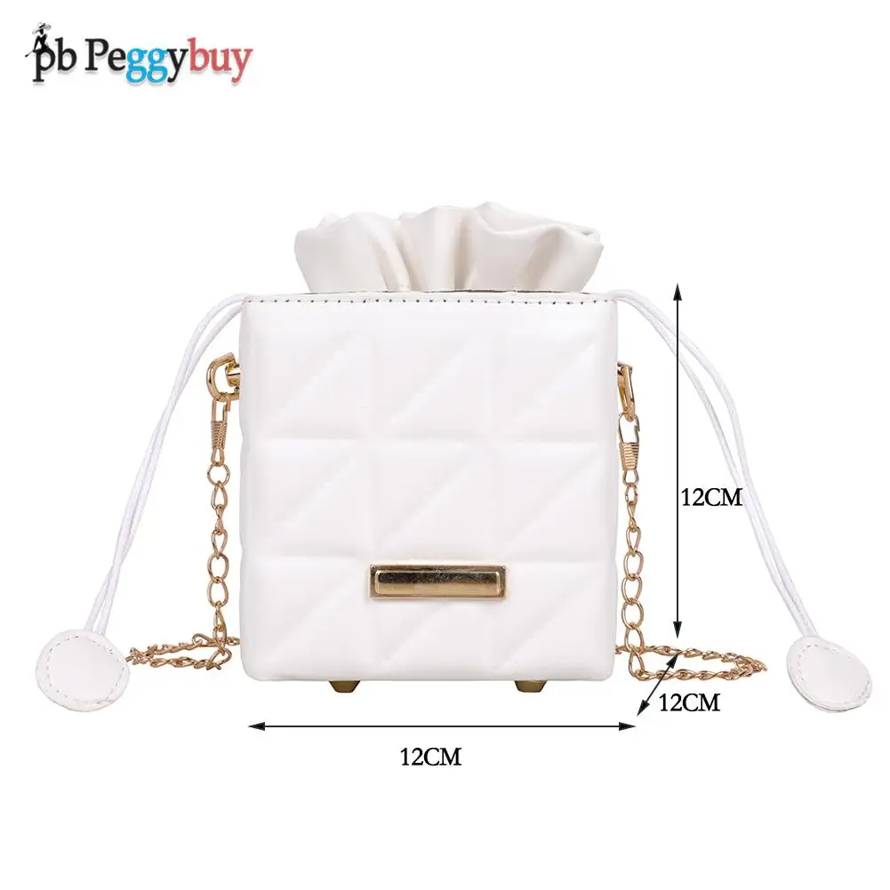 

Fashion Women Geometric Embossed Drawstring Square Box Messenger Bag Casual Ladies Solid PU Leather Chain Mini Handbags Purse