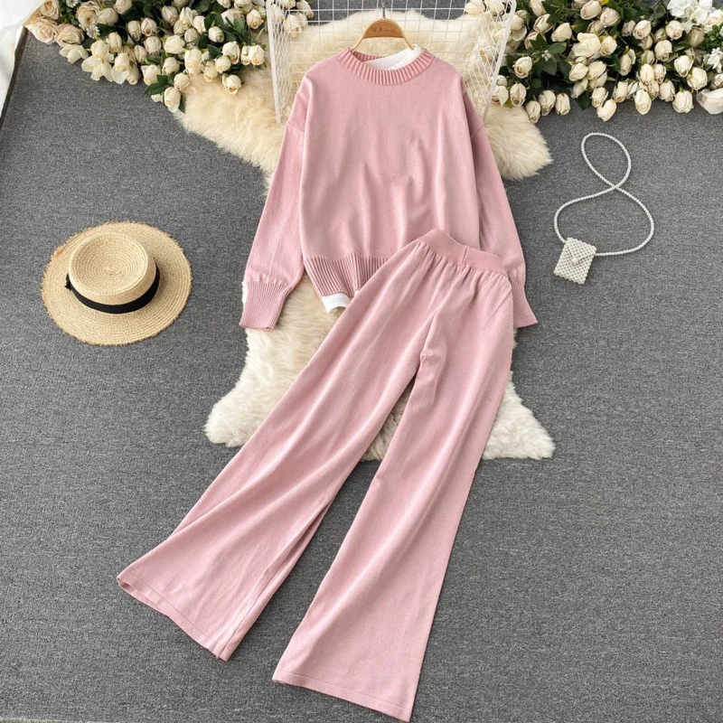 

Fall Winter Knitted 2 Piece Set Women Pullover Sweater Tops + Wide Leg Pant Suits Korean Casual Tracksuit Two Piece Pants Sets