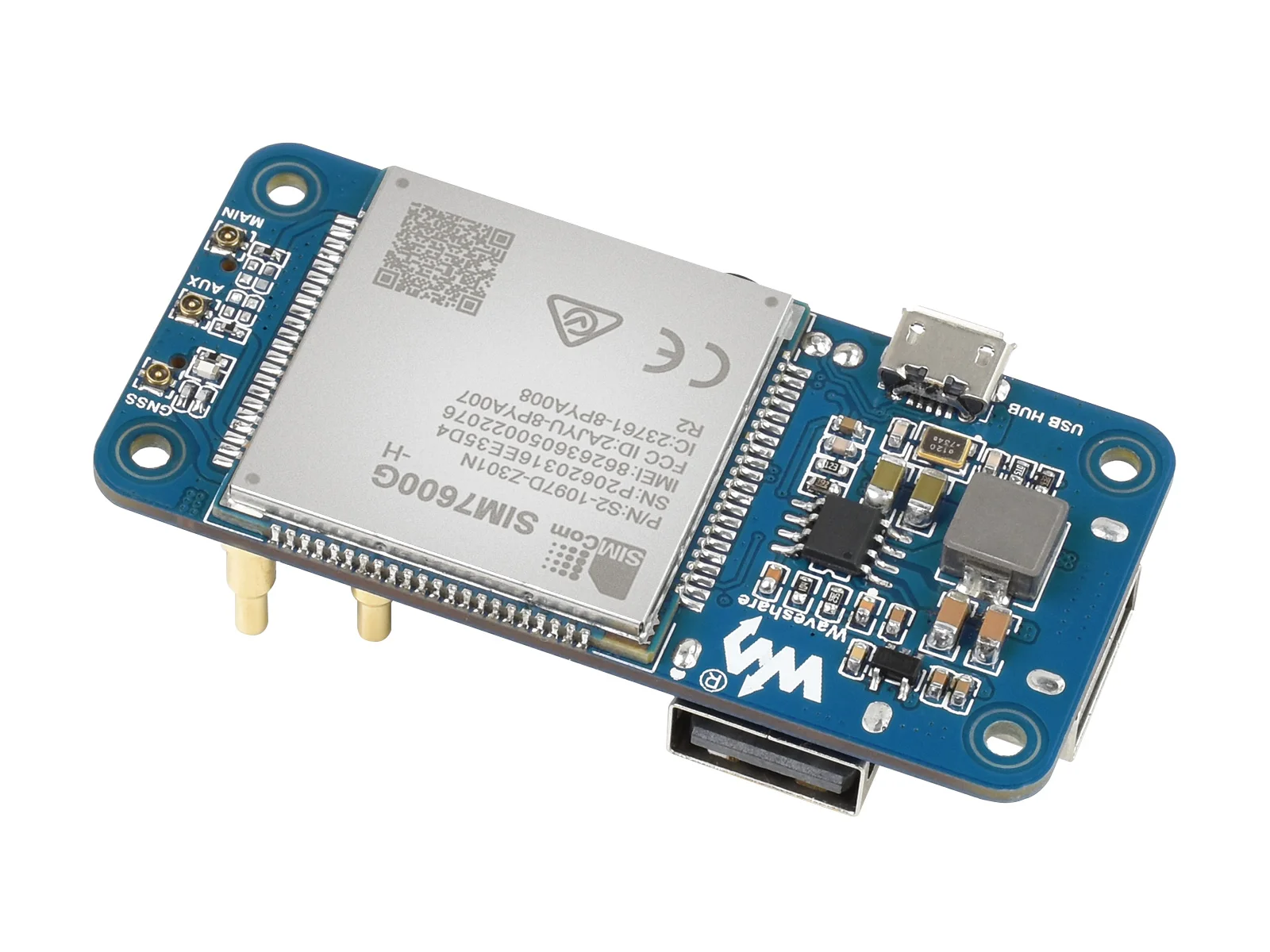 SIM7600G-H 4G HAT (B), RPi 4G Expansion Board Type B, Global Band, Compatible with 4G/3G/2G, GNSS positioning, low power consumption