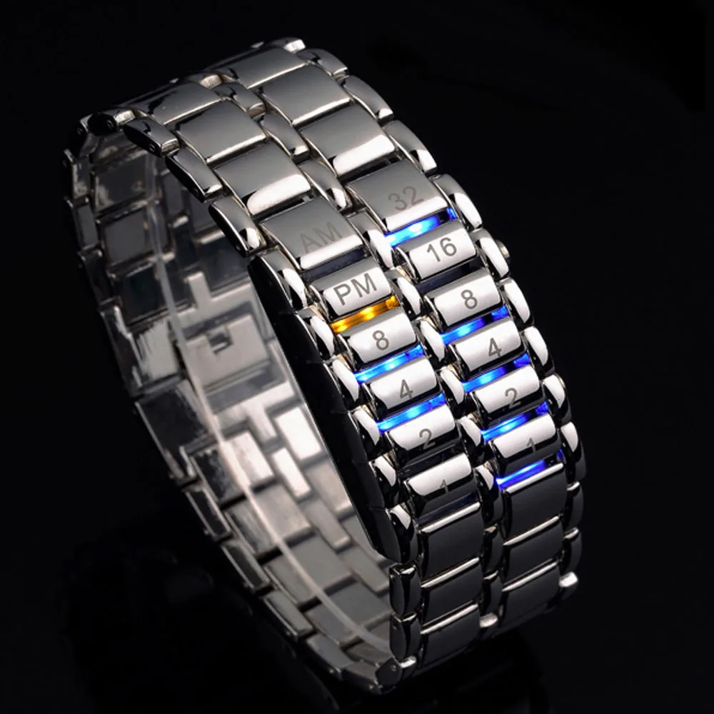 

Fashion Lava Iron Samurai Watch Men Binary Led Watches Stainless Steel Band Electronic Wristwatches Men Sports Bracelet Watches