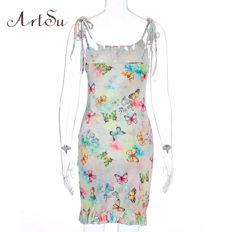 Женское облегающее мини-платье на бретельках с принтом бабочки | Женская одежда