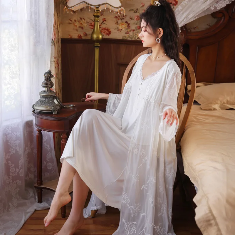 

Women Long White Jacquard Nightgown For Spring Summer Condole Belt Fairy Princess Sleepwear Two-pieces Dressing Gown Sets Soft