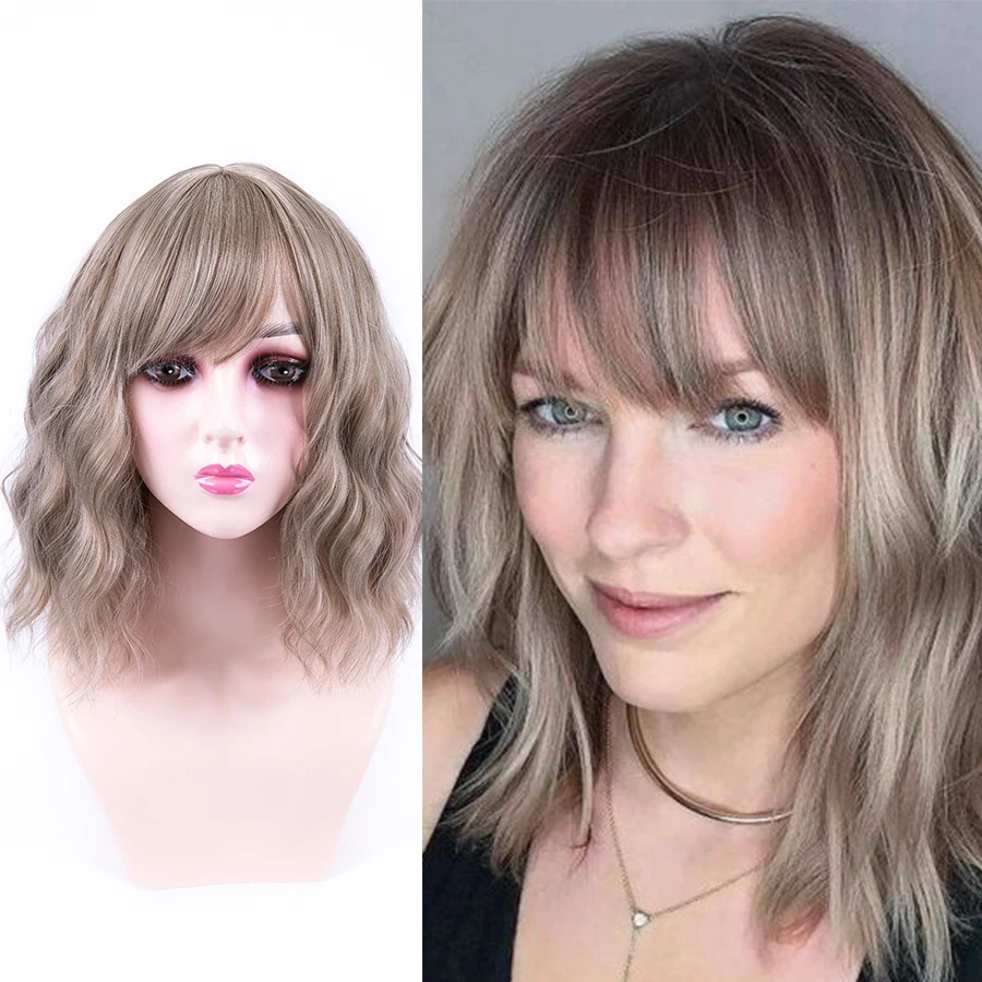 

Cheap Synthetic Wigs Short Bob Wigs With Bangs Blonde Wavy Wig With Bangs Lolita Cosplay Wig Heat Resistant Natural Daily Party