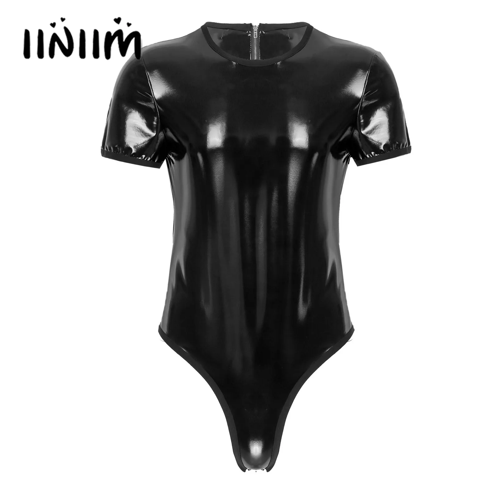 

Sexy Mens Shiny Pantent Leather Lingerie Bodysuit Short Sleeve Crossdresser Press Buttom Crotch Jumpsuit Party Catsuit Clubwear
