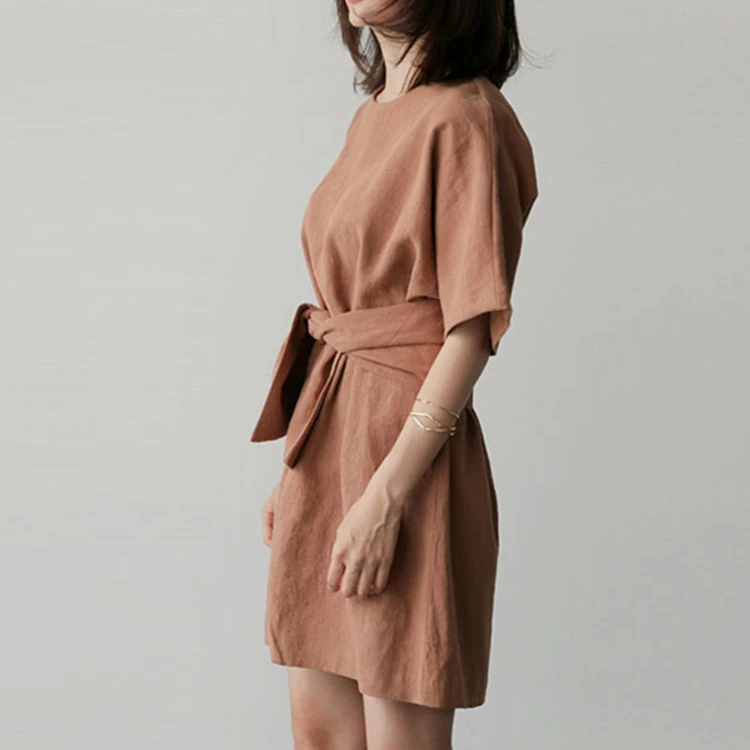 Женское Плиссированное мини-платье повседневное хлопково-льняное платье с