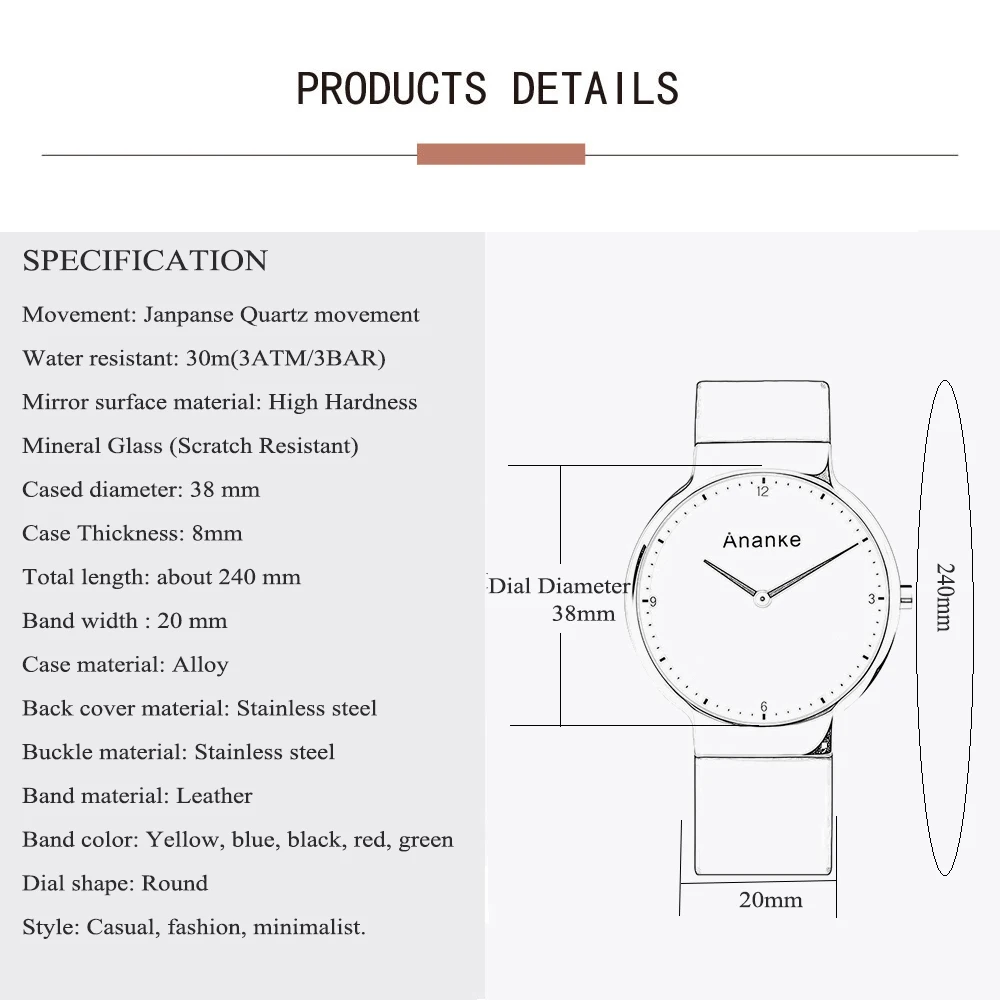 

ANANKE Men Simple Watches Silicone Buckle Strap Waterproof and Shock Resistant Couples Quartz Wristwatches AN09