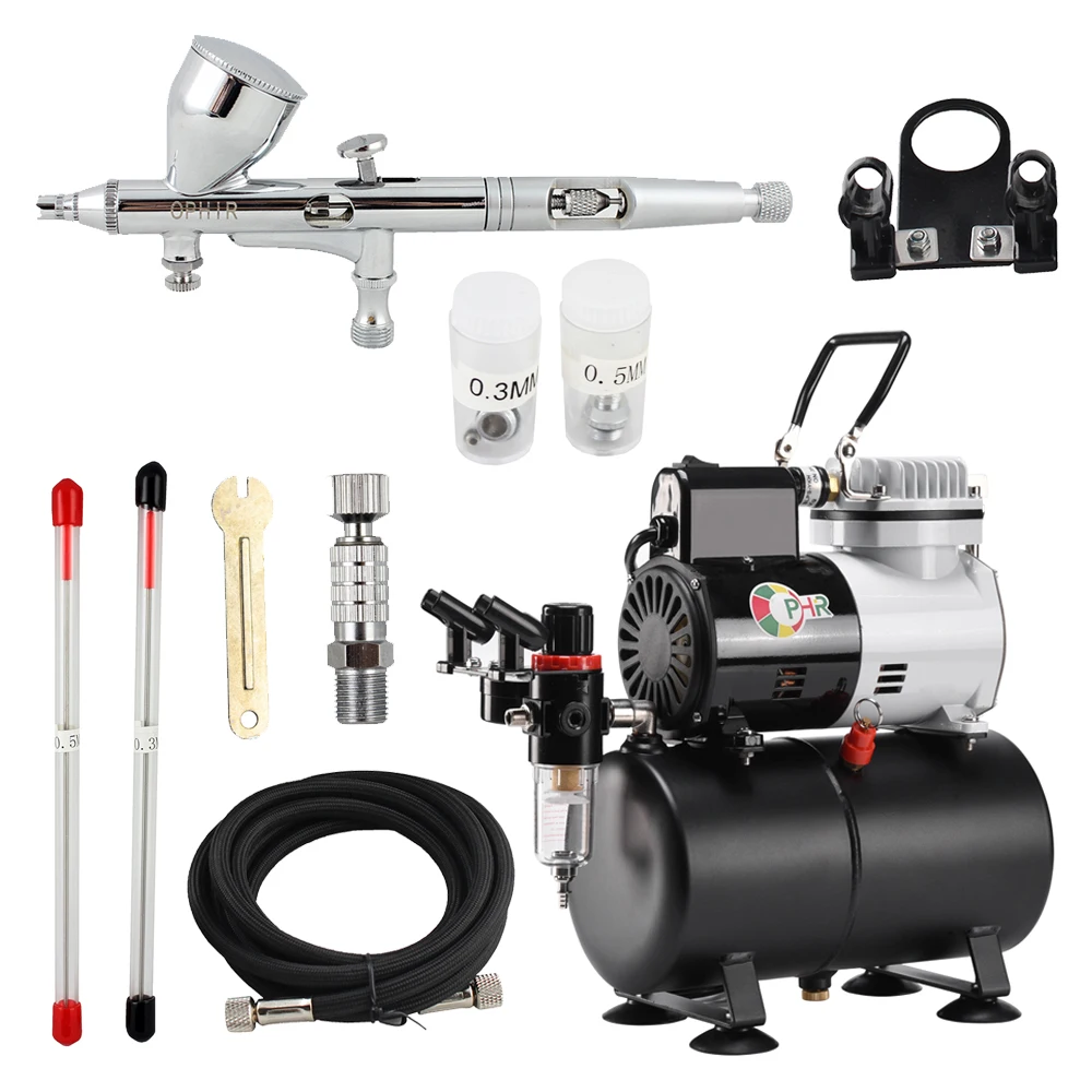 OPHIR  Air Compressor with Tank & Gravity Dual-Action Airbrush Kit Spray Gun with 3 Tips Nozzles for Body Paint Tattoo AC115+070